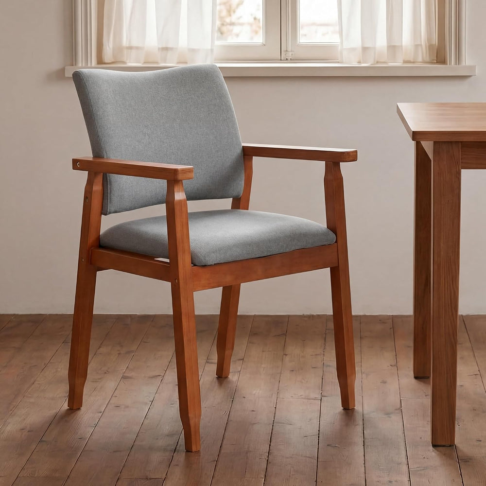 Mid Century Modern Walnut Dining Chairs Wood Arm Grey Fabric Kitchen Cafe Liv...