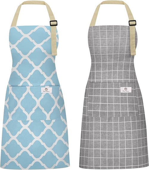 2 Pieces Aprons for Women with Pockets, Cotton Linen Waterproof Kitchen Cooking by Riqiaqia