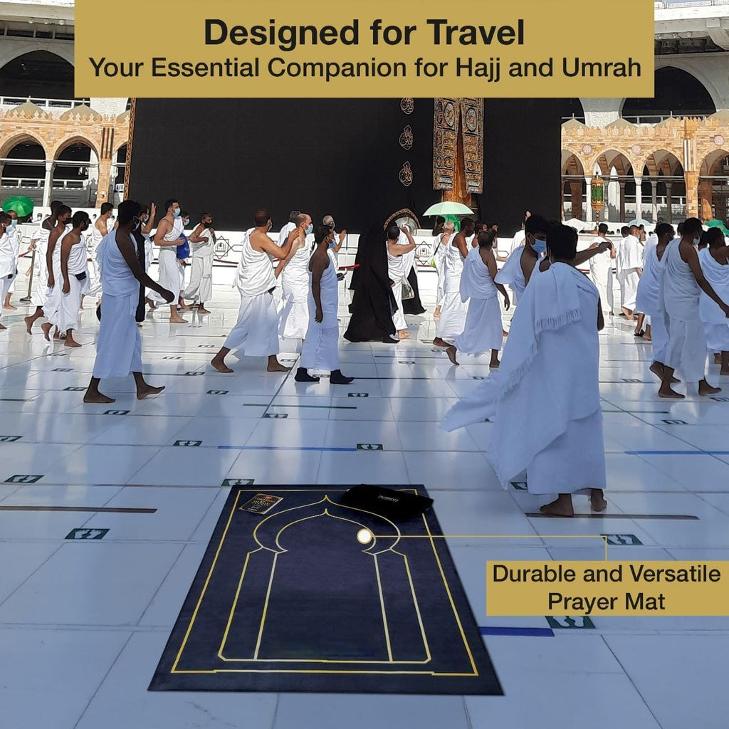 Luxury Velvet Muslim Prayer Mat – Portable Foldable Sajadah with Travel Bag, Dua Booklet & Elegant Gift Box - Premium Islamic Janamaz for Home, Mosque & Travel – Black