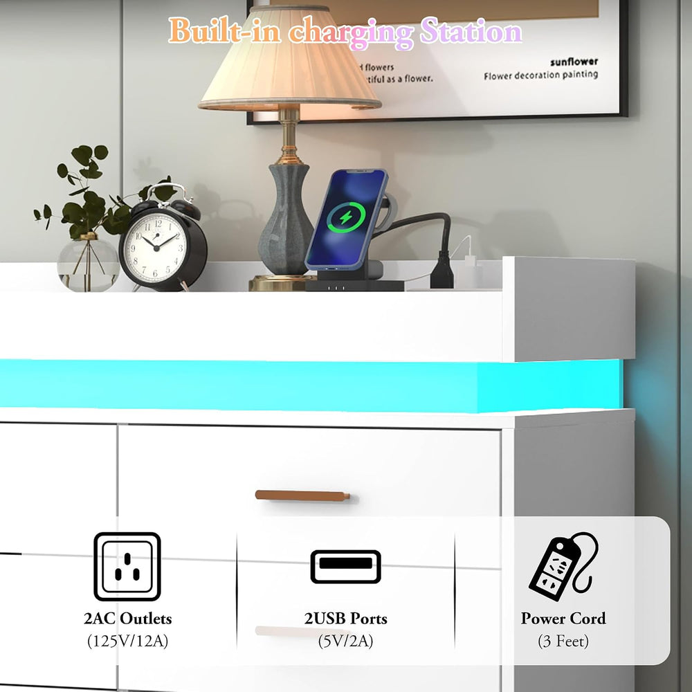 16 Drawer Dresser with LED Light and Charging Station, Modern Chest of Drawer...