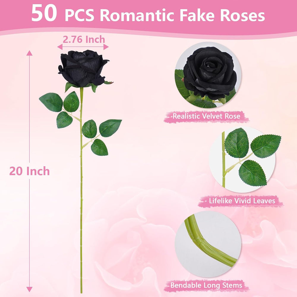 50Pcs Black Roses Artificial Flowers, Real Touch Velvet Fake Roses Bouquet
