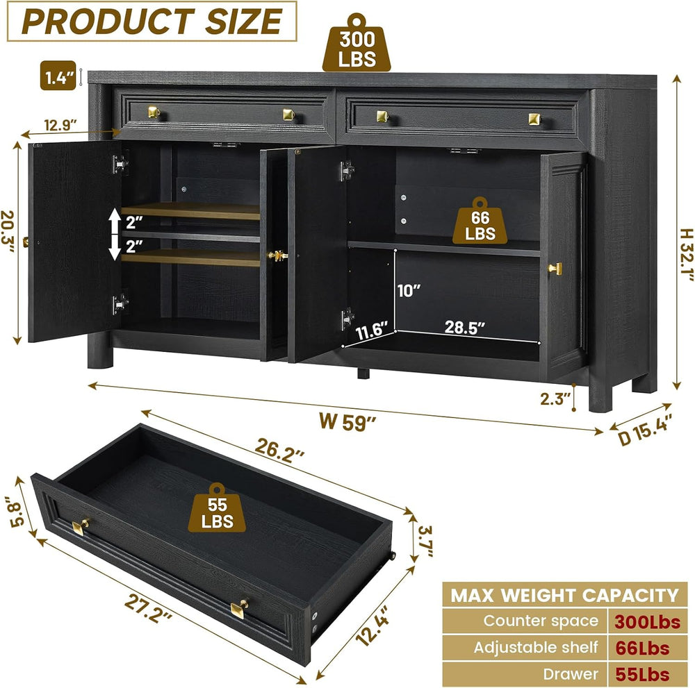 Standifurno Credenza Storage Cabinet with 4 Doors and 2 Drawers, 59" Lar...
