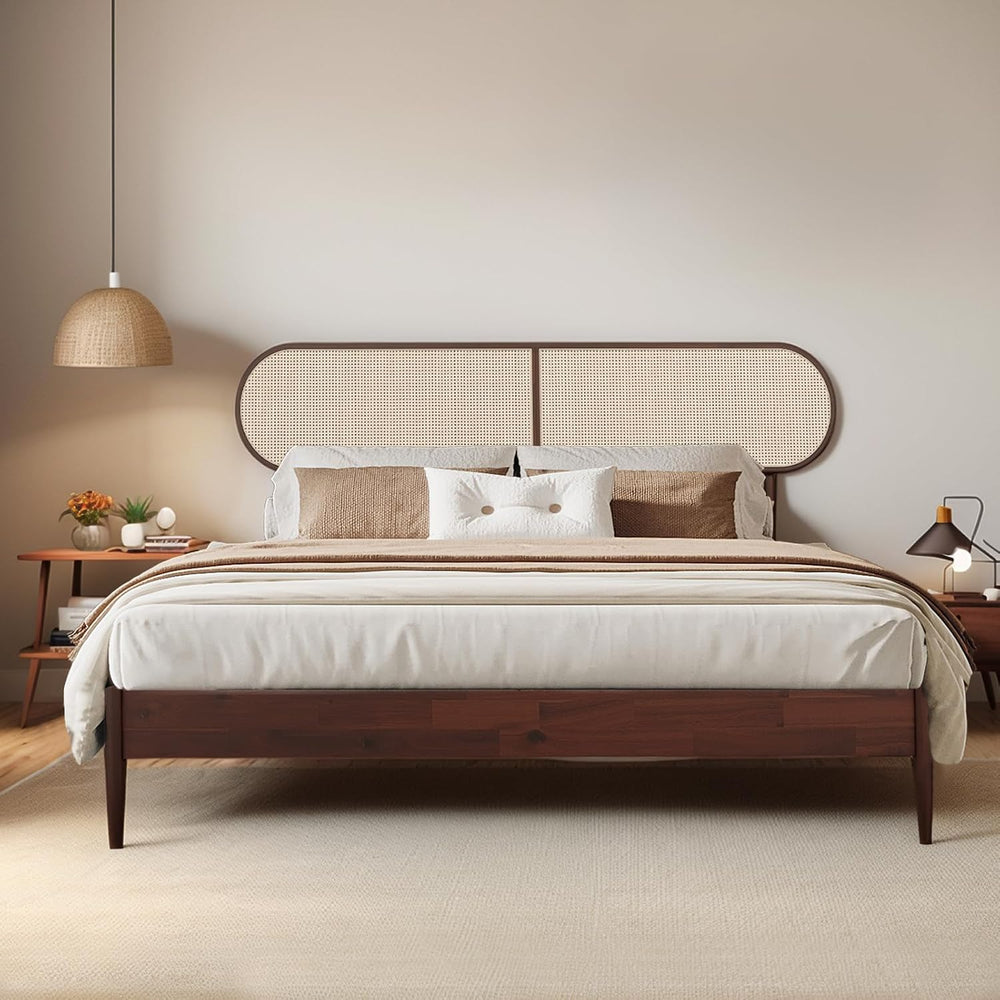 King Bed Frame with Rattan Headboard, Solid Wood Foundation with 12-Slat Wood...
