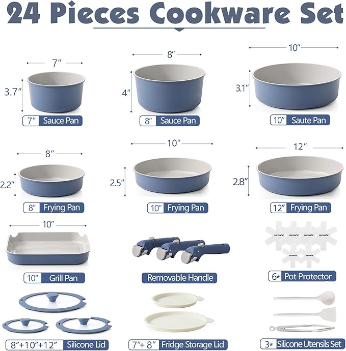 SENSARTE 24 Piece Ceramic Pots and Pans Set, Nonstick Detachable Handle Cookware - Image 2