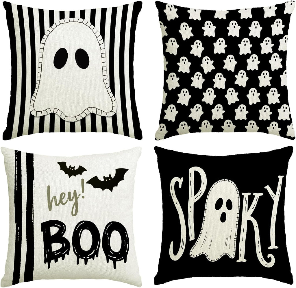 Halloween Decor Pillow Covers 20x20 Inch,Set of 4 Halloween Decorations Outdoor Indoor Throw Pillow Covers, Hey Boo Cute Spooky Ghost Black Striped Linen Cushion Case for Home Sofa Couch Bed Chair