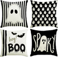 Halloween Decor Pillow Covers 20x20 Inch,Set of 4 Halloween Decorations Outdoor Indoor Throw Pillow Covers, Hey Boo Cute Spooky Ghost Black Striped Linen Cushion Case for Home Sofa Couch Bed Chair