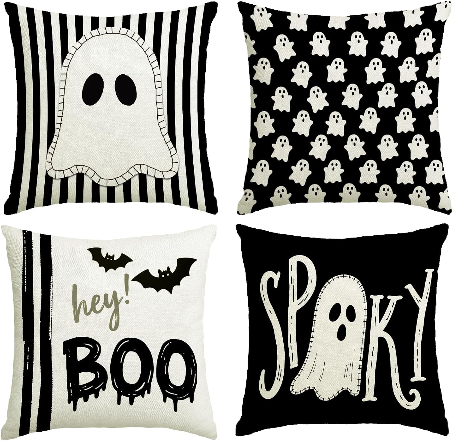 Halloween Decor Pillow Covers 20x20 Inch,Set of 4 Halloween Decorations Outdoor Indoor Throw Pillow Covers, Hey Boo Cute Spooky Ghost Black Striped Linen Cushion Case for Home Sofa Couch Bed Chair
