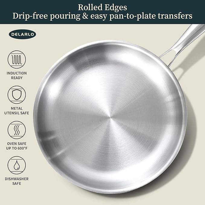 DELARLO Whole Body Tri-Ply Stainless Steel Frying Pan set, 8”/10”/12” Cooking - Image 5