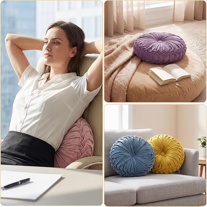 Kathfly Set of 4 Decorative Round Pleated Throw Pillows, Classy Velvet Pumpkin - Image 6