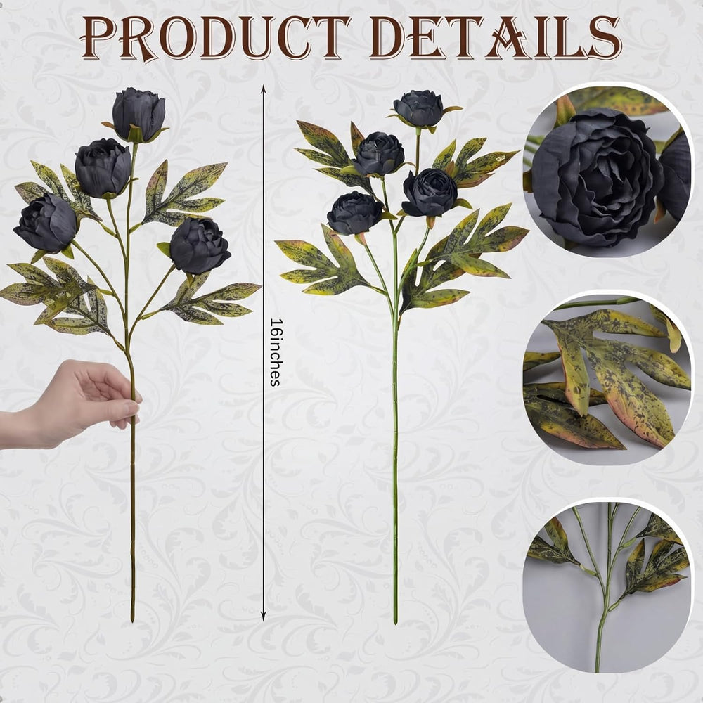 Thiccywoov Faux Silk Peony Artificial Flowers Stem for Vase,8 Pcs,Black