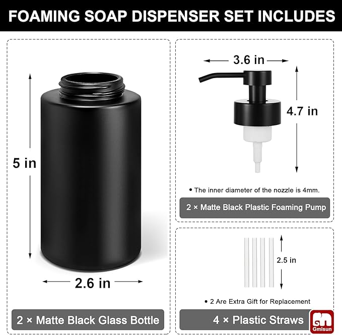 GMISUN Foaming Soap Dispenser, 10 Fl oz/300 ml Matte Black Glass Foaming Hand - Image 7