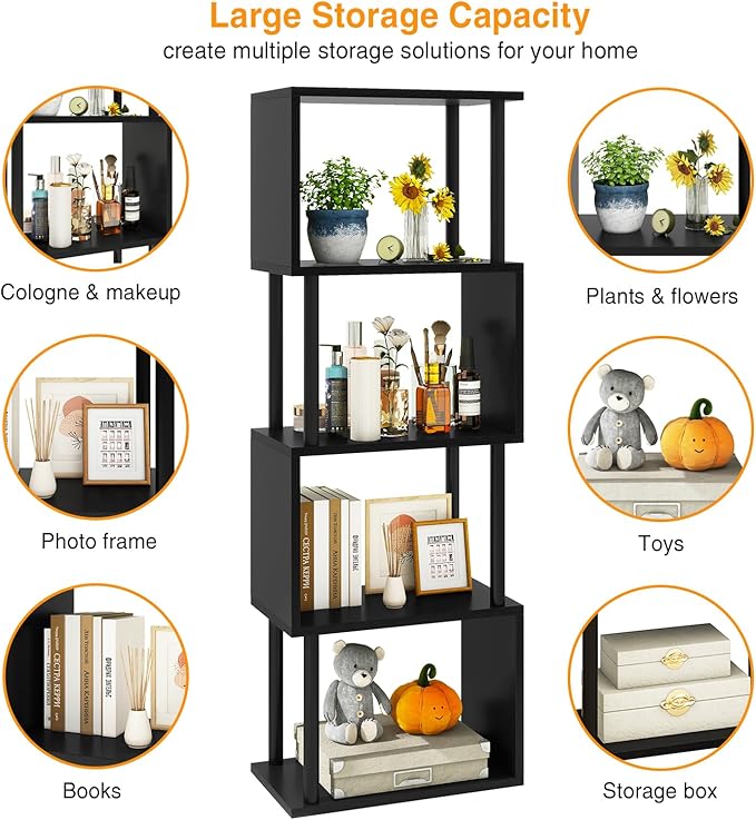 IBUYKE 5-Tier Tall Bookshelf,S-Shaped Geometric Bookcase, Wood Display Shelve...