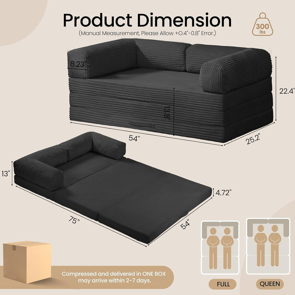 Tri-Fold Foldable Mattress, Convertible Folding Sofa Bed with Removable Arms ...