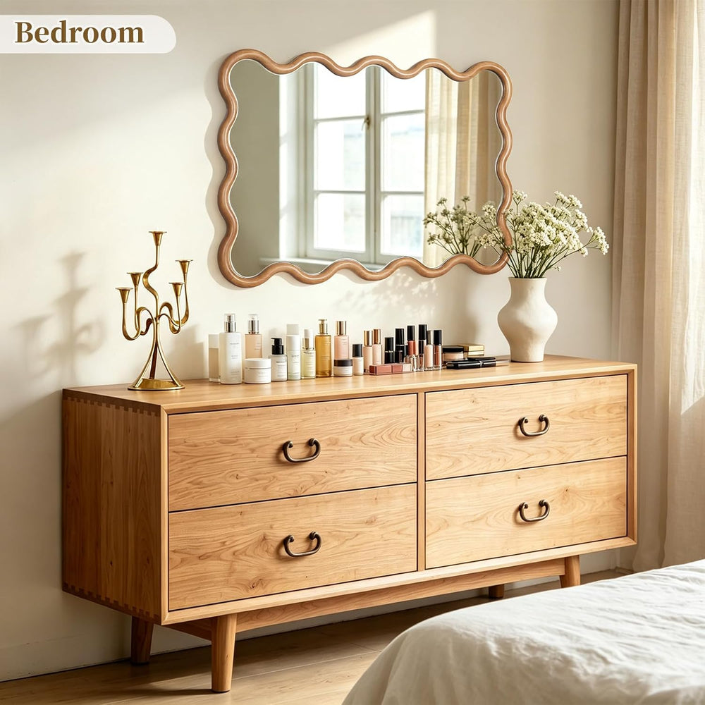 28"x40" Wavy Wood Mirror, Rectangular Wall Mirror with Natural Wood...