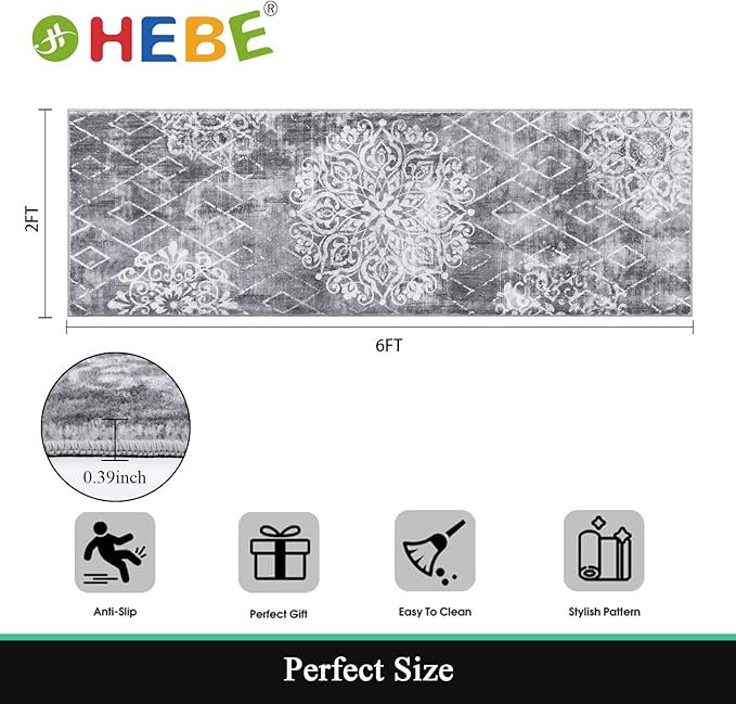 HEBE Hallway Runner Rug 2'x6' Washable Vintage Distressed Area Rugs Non Slip - Image 2