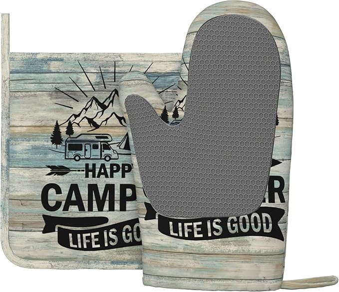Happy Camper Oven Mitts and Pot Holders Sets of 4, Resistant Hot Pads - Image 2
