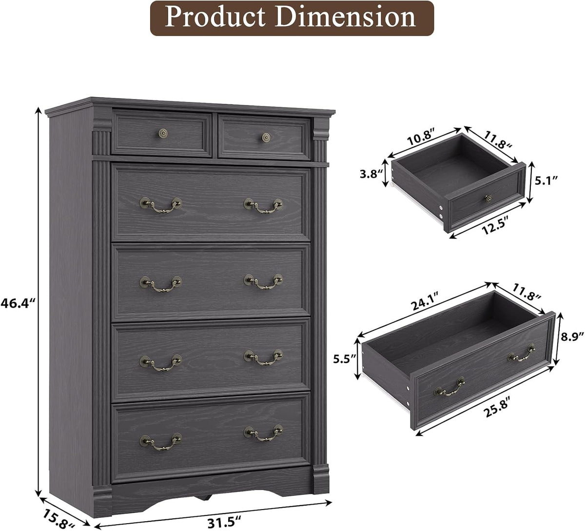 grey 6 drawer dresser for bedroom, 47" tall shown in use