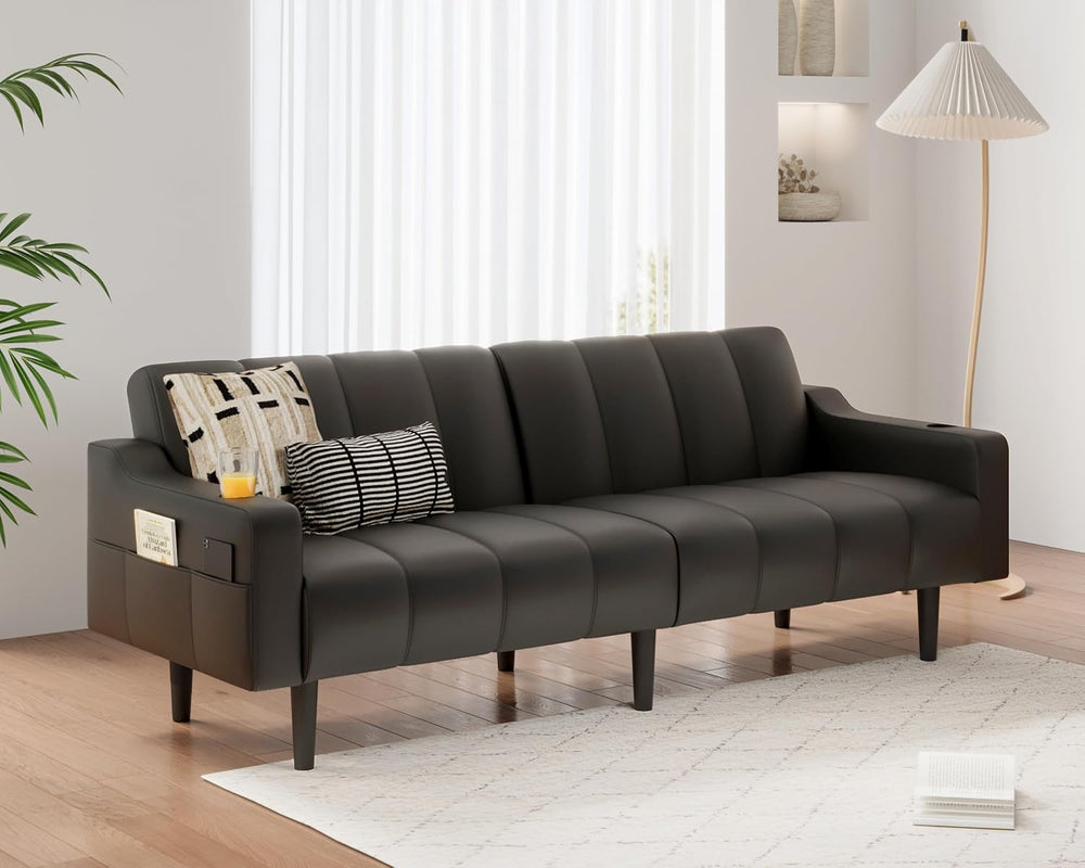 80'' Futon Sofa Bed,Faux Leather Futon Sleeper Sofa, Convertible Love...