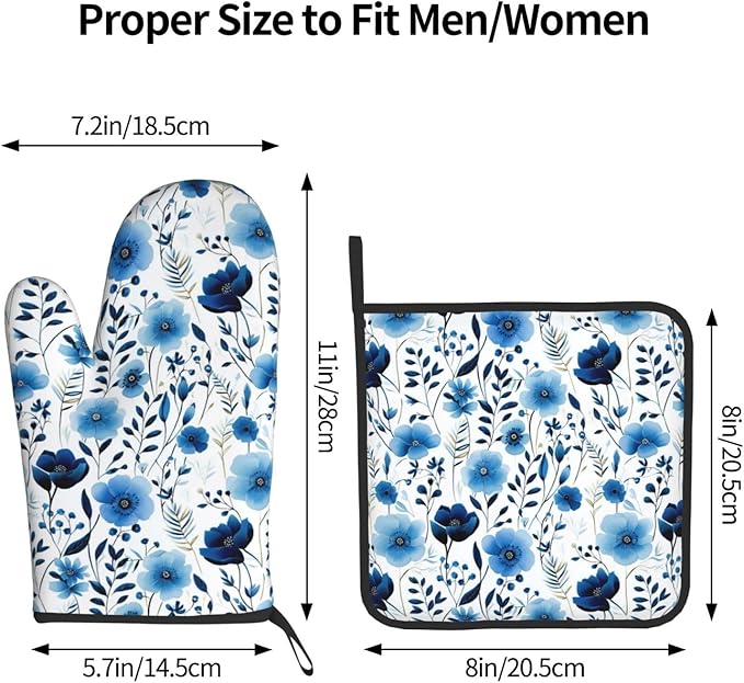 Blue Floral Oven Mitts and Pot Holders Sets of 3, Heat Resistant Cute - Image 8