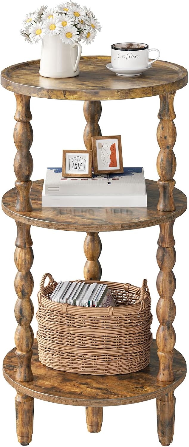 HOOBRO Round Side Table for Small Space, 3-Tier Small Round End Table with Ru...