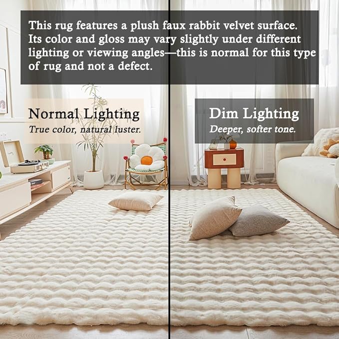 Creamy White Rabbit Plush Rug 8'x10', Fluffy Faux Fur Shaggy Area Rug