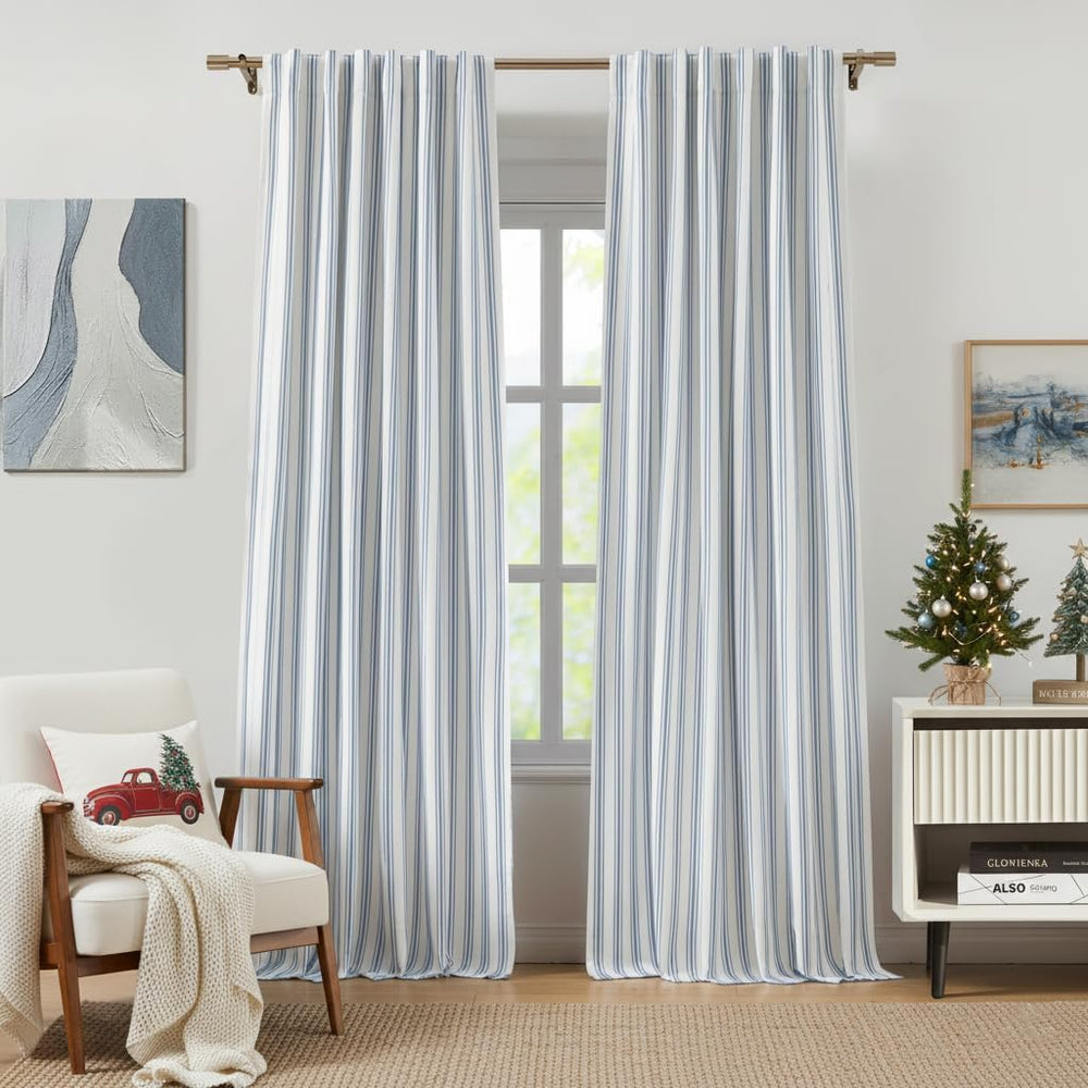 ZJDECOR 90 Inch Blue Striped Full Blackout Curtain Panels for Bedroom