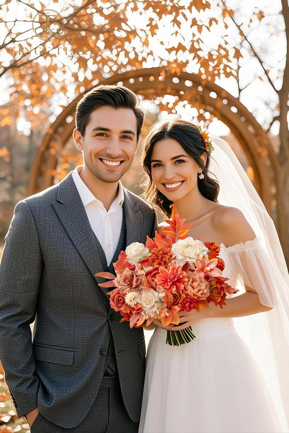 TINGE TIME Fall Wedding Artificial Flowers Combo, Orange & Cream Roses