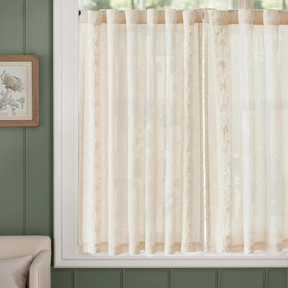 jinchan Ivory Floral Linen Kitchen Tier Curtains Back Tab 54×54 2 Panels