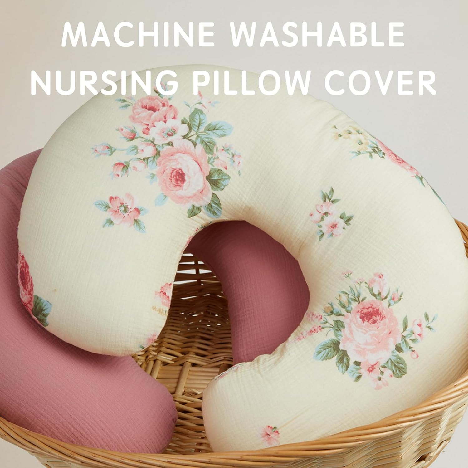 Nursing Pillow Cover, 2 Pack Muslin Nursing Cover for Breastfeeding Pillows, Infant Nursing Pillow Slipcover for Baby Boy Girl Newborn, 100% Cotton Feeding Pillow Covers, Only Cover (Pink Rose)