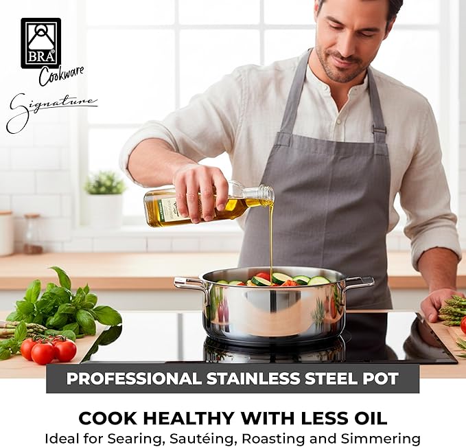 BRA COOKWARE Signature Stainless Steel Stock Pot w/Glass Lid | 9.5 Inch 4 Quart