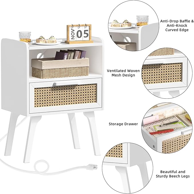 Lerliuo Rattan Nightstands Set of 2 with Charging Station, White Bedside Tabl...