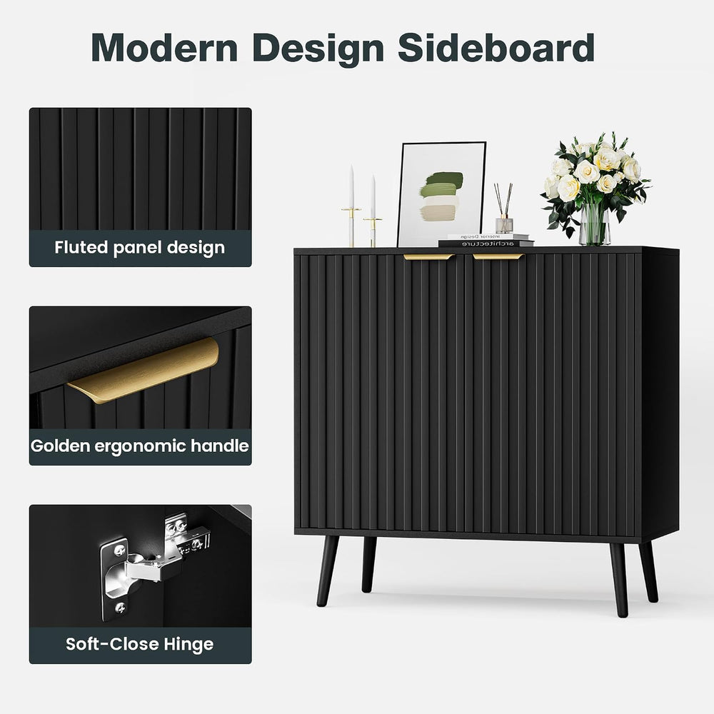 Vrullu Modern Storage Cabinet, Black Sideboard and Buffet Storage, Wood Accen...