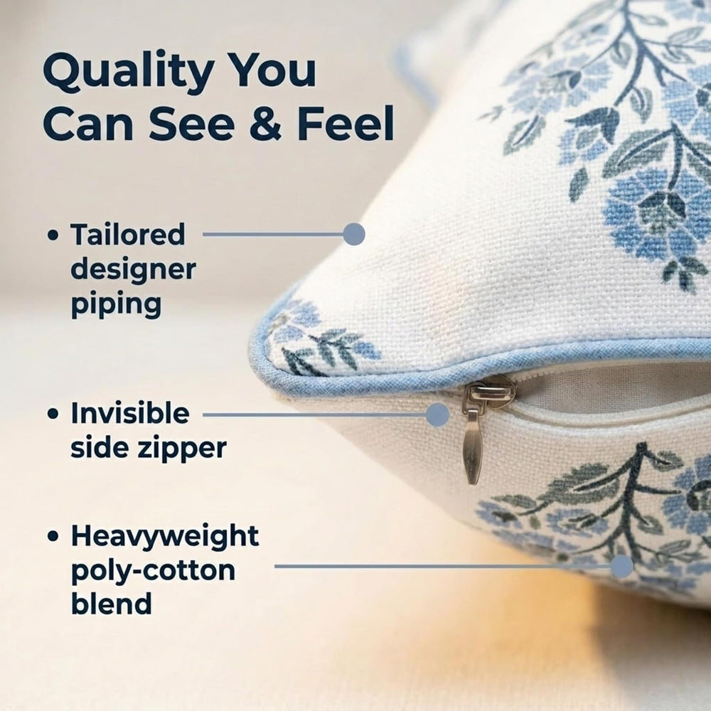 Jillien Harbor “The Camille” Floral Block Print Pillow Cover – Soft Blue and ...