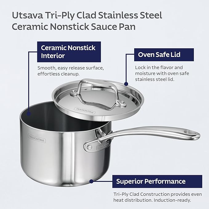 Tramontina Utsava Tri-Ply Clad Stainless Steel 2.2-Quart Sauce Pan