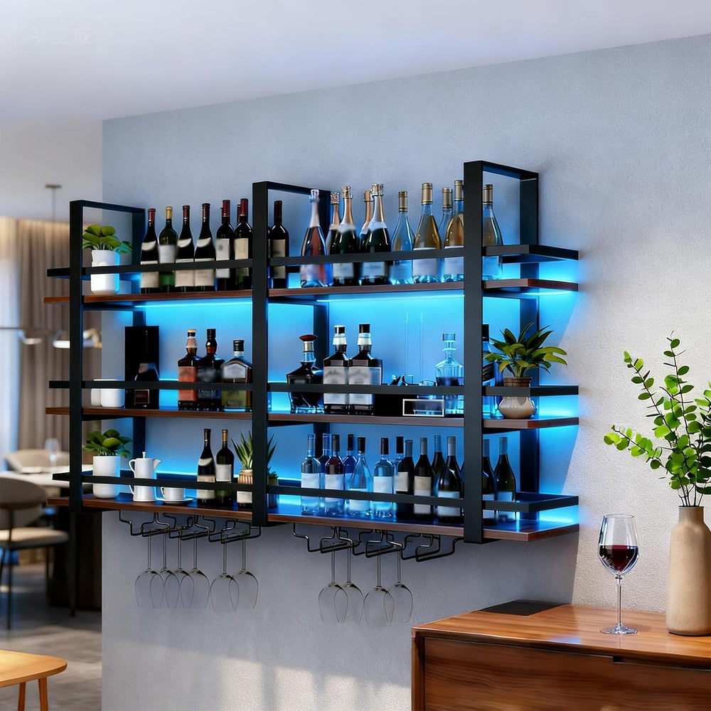 Wall Mounted Wine Rack with LED Light, Metal Liquor Bottles Display Shelf, Fl...