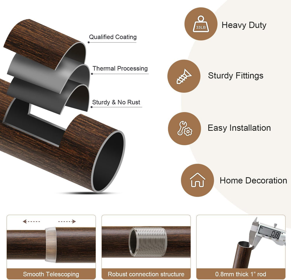 Deep Walnut Wood Curtain Rods for Windows 66 to 120 1" Diameter Heavy Du...