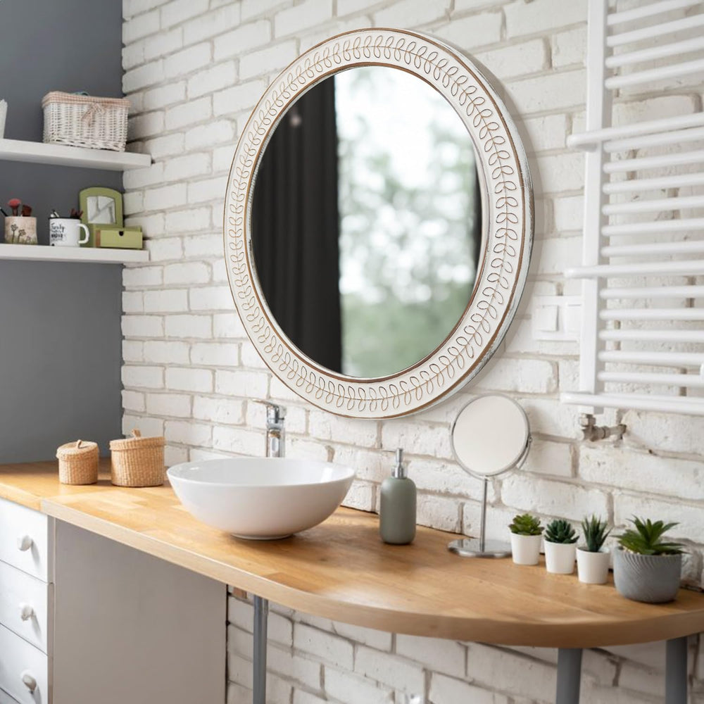 26 inch Round Mirrors for Wall Wood Circle Mirror with Carved Frame Rustic Ac...