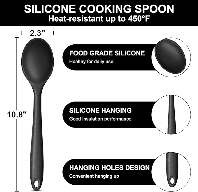 E-far Silicone Cooking Spoon Set of 2, Heat Resistant Kitchen Spoons Utensils - Image 2