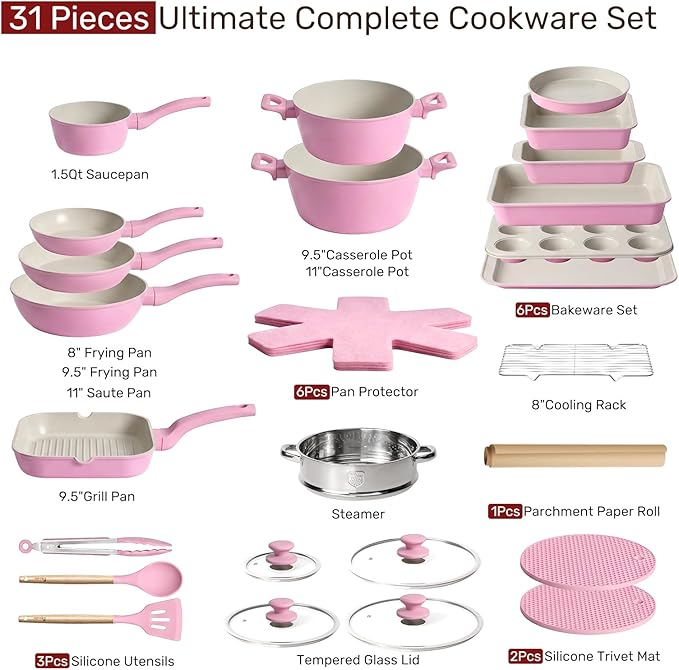 Kikcoin Pots and Pans Set Non Stick 31 Piece Kitchen Nonstick Cooking Cookware - Image 2