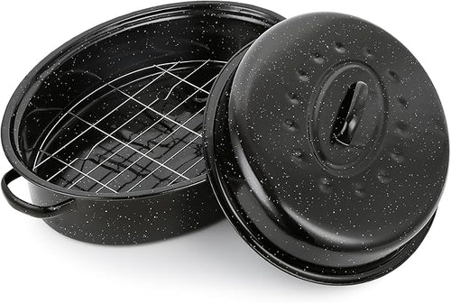 18” Roaster Pan with Lid and Rack, Large Enamel Roaster Pan with Oval Roasting by YIDAZLE