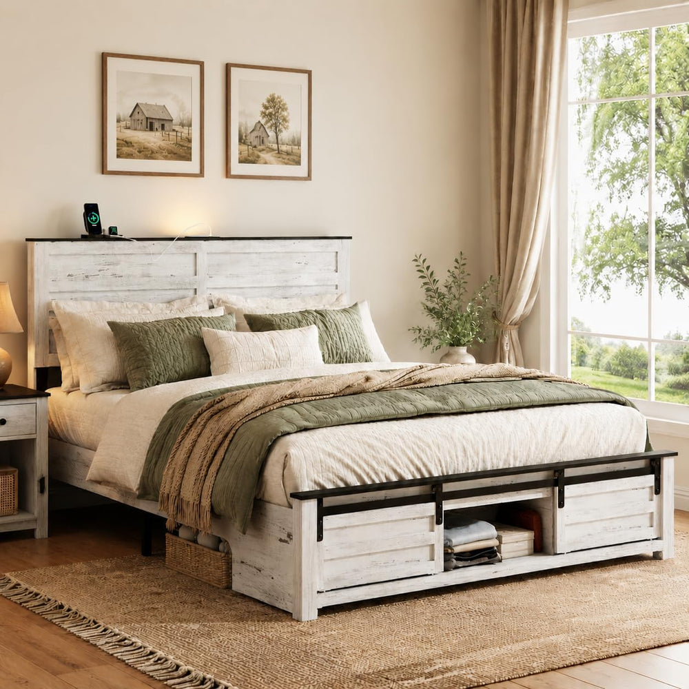 Wooden Queen Bed Frame with Headboard, Farmhouse Storage, Barn Door