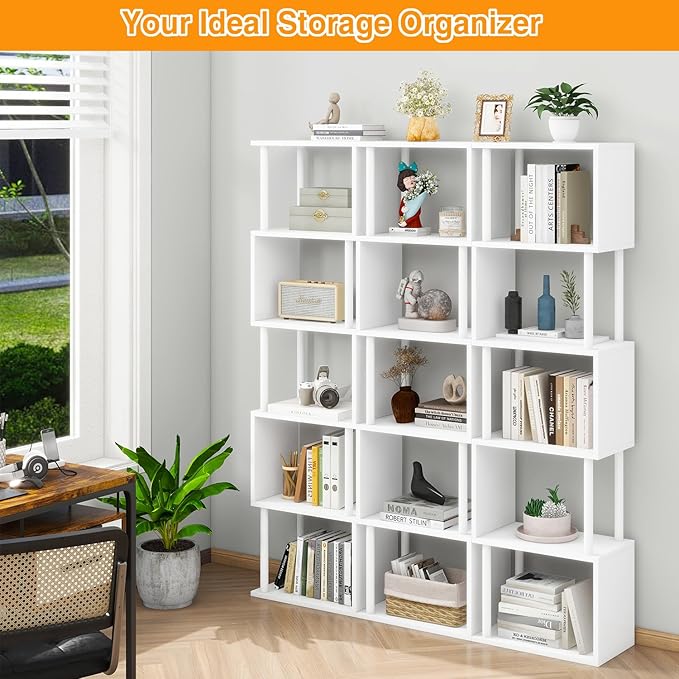 IBUYKE 6-Tier Tall Bookshelf,S-Shaped Geometric Bookcase, Wood Display Shelve...