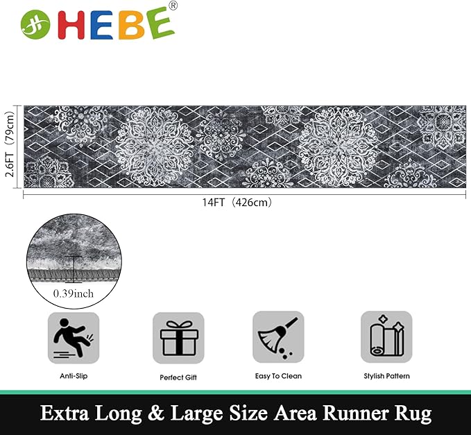 HEBE Hallway Runner Rug 2'8''x14' Washable Vintage Distressed Area Rugs Non - Image 2