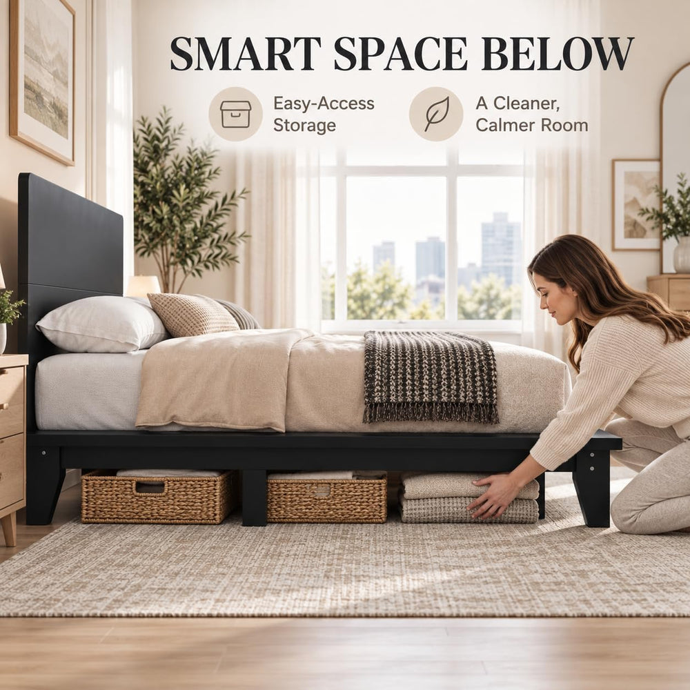 Full Size Japanese Wooden Bed Frame with Black Headboard