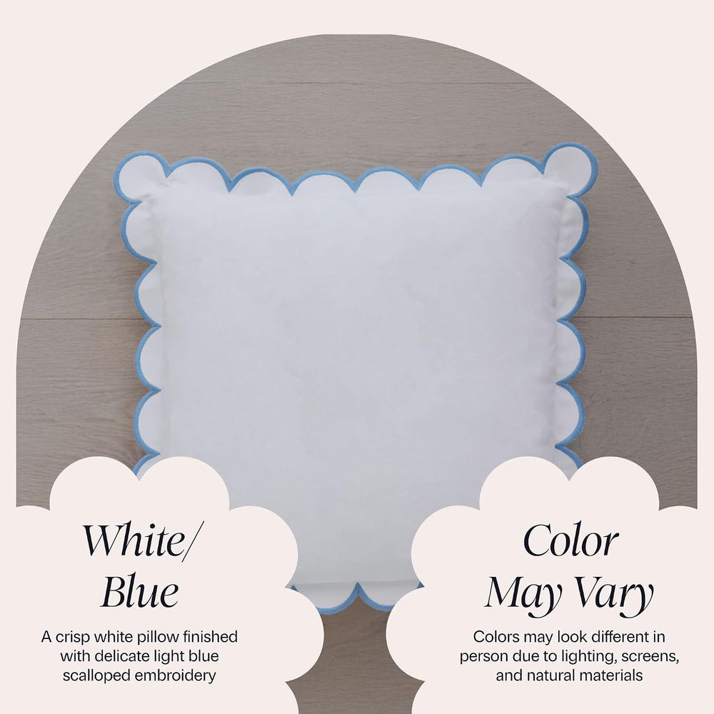 BEBE BASK Scalloped Pillow Cover Set of 2, 18x18, 100% Cotton - White/Blue