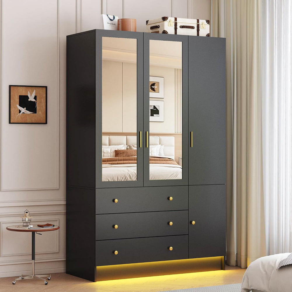 3 Doors LED Armoire Wardrobe Closet with Mirror, 75" Tall Modern Wooden ...
