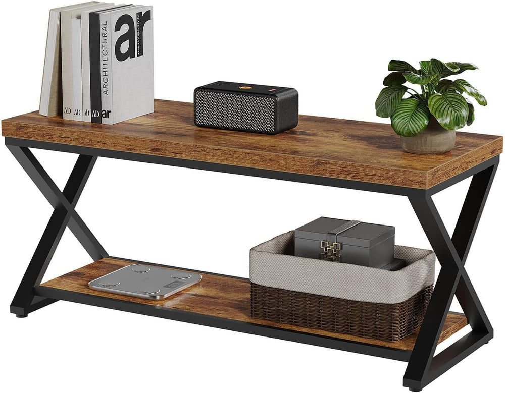 IBF Rustic Entryway Bench with Storage, Rustic Brown Wood and Metal Bench