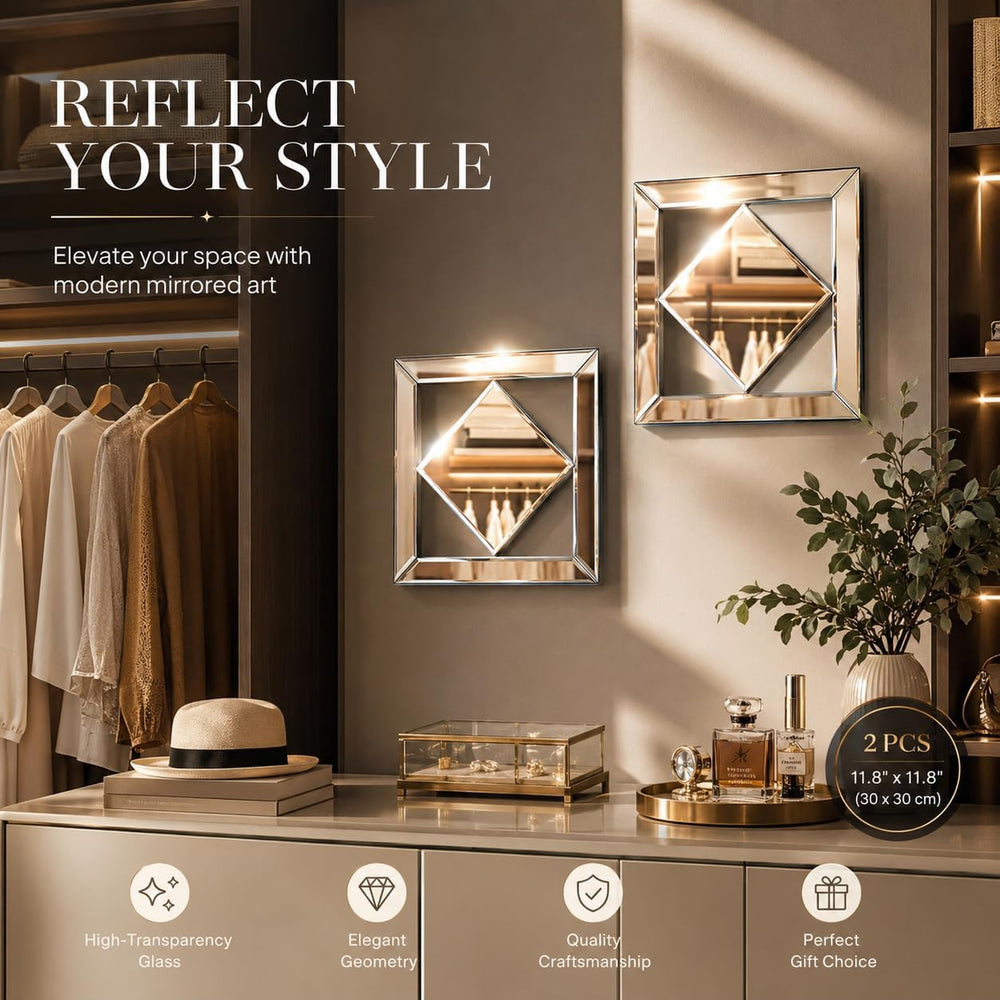 Square Decorative Wall Mirror 12 x 12 Inch, Silver Frameless Mirror Wall Deco...