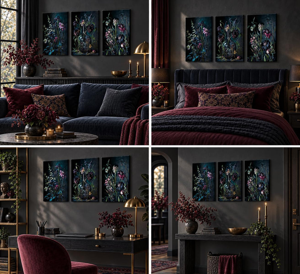 hijyord 3 Pcs Dark Academia Floral Canvas Wall Art 16x24in