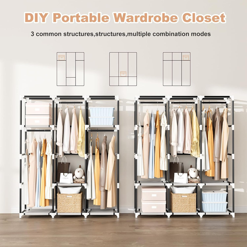Portable Closet with Cover, 3 Hanging Rods and Side Pocket, Sturdy Free Stand...